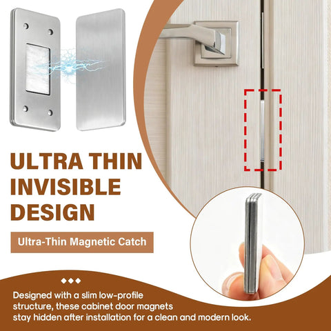 Ultra Thin Magnetic Cabinet Catch Set with No Drill Adhesive, stainless steel latch on door, showing slim profile
