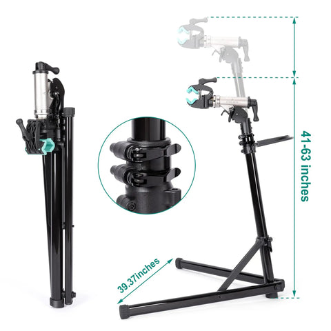 Bike Repair Stand With 360 Degree Rotating Clamp Holds Up To 110 Lbs Adjustable Jaws 1 To 1.5 Inches; adjustable height details