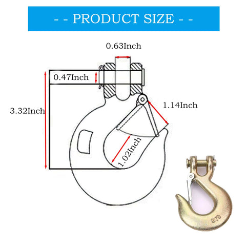 Heavy Duty Clevis Slip Hook Three Eighths Inch Grade 70 With Safety Latch dimensions and side view