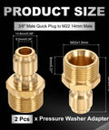 Two Pack Pressure Washer Adapters Three Eighths Inch Male Quick Plug To M22 14mm Male Quick Connect Brass Swivel Fittings For Power Washers Hose Beefy Durability; brass adapter size diagram