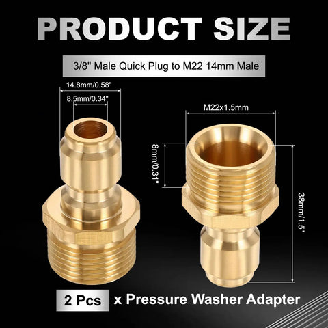 Two Pack Pressure Washer Adapters Three Eighths Inch Male Quick Plug To M22 14mm Male Quick Connect Brass Swivel Fittings For Power Washers Hose Beefy Durability; brass adapter size diagram