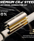 Upgraded Double Jointed Extra Long Flex Head Ratchet Wrench Set steel layers detail, showing black nickel finish and anti-slip text
