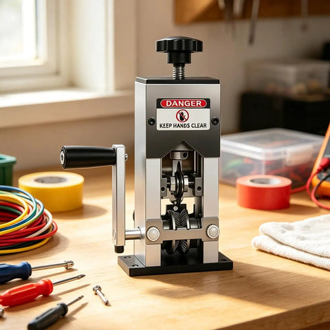 Heavy Duty Portable Wire Stripping Tool For Scrap Copper Recycling Universal Alloy Peeler on a workbench with colorful wires.