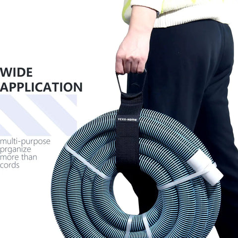 Person holding a coiled hose with a Two Pack Heavy Duty Cord Storage Wrap Holder, black hook and loop strap visible.
