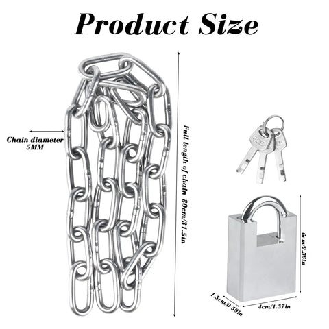 Heavy Duty Bike Chain Lock Built Tough With Case Hardened Steel Security Chain showing dimensions and included padlock with keys.
