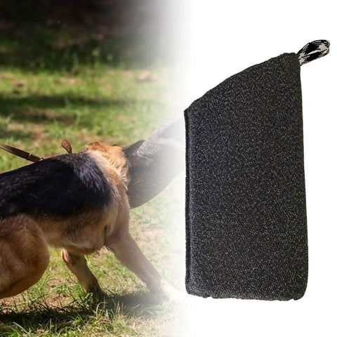 Dog Bite Sleeve Training Gear for Puppies showing safe play with black and white protection sleeve used by puppy in outdoors