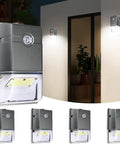 4 Pack Dusk To Dawn Outdoor LED Wall Pack Lights with Photocell Sensor illuminating a porch, ultra bright 4750 lumens 5000K