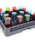 Built Tough Commercial Glass Cup Rack With Sixteen Compartments Dishwasher Safe Design Heavy Duty Storage For Busy Restaurants, filled with colored cups.