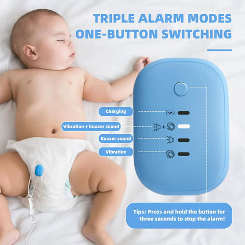 USB Rechargeable Bed Wetting Alarm for Boys and Girls With Ultra Sensitive Sensor, Loud Beep and Strong Vibration, Kid Friendly Potty Training Aid for Nighttime Enuresis, Quick Wake Up Call, Durable and Easy to Use, Blue on sleeping baby
