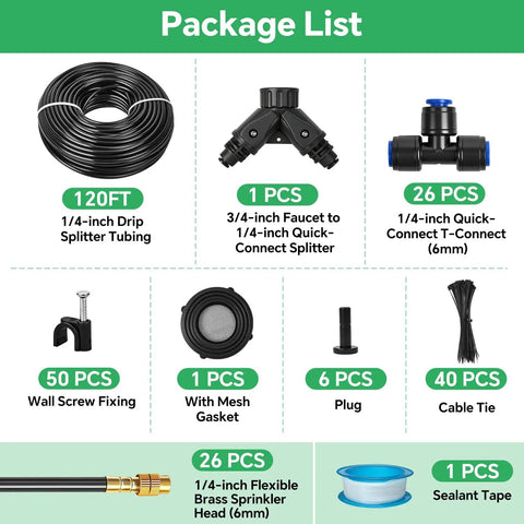 Package list of Backyard Friendly Drip Irrigation System With A 120 Ft Hose And 26 Adjustable Copper Sprinklers Auto Atomizing Sprinkler Heads