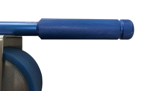 Close-up of blue handle and steel roller on Heavy Duty Pro Grade Manual Pressure Sensitive Tape Adhesion Tester With Steel Roller For Peel Strength And Holding Force Testing 2Kg Hand Operated Adhesive Tester 2000g Capacity Steel Wheel CNS ISO PSTC GB Standards.