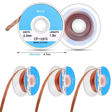 Three spools of braided wick from the Soldering Pen And Solder Wick Kit For Electronics Repair With No Clean Pens And Braided Wick 0.1 Inch Wide By 59 Inch Long