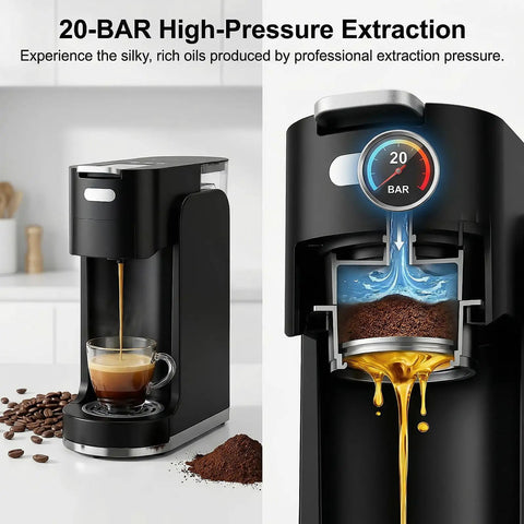 All In One Single Serve Coffee Machine For Ground Coffee K Cup Pods Nespresso Original And Dolce Gusto Pods Hot And Iced Coffee Maker With 20 Bar Espresso And Custom Brew Volume Heats Up In Three Seconds, featuring high-pressure extraction.