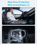 Driver using 52.5W USB-C Car Charger Adapter with 30W PowerIQ 3.0 Fast Charging in car, highlighting ActiveShield 2.0 protection feature.