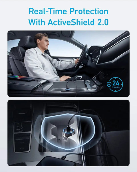 Driver using 52.5W USB-C Car Charger Adapter with 30W PowerIQ 3.0 Fast Charging in car, highlighting ActiveShield 2.0 protection feature.