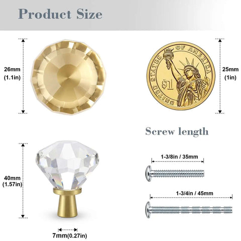 6 Pack Gold Tapered Diamond Cabinet Knobs With Clear Crystal Tops shown with size, screws, and coin for comparison
