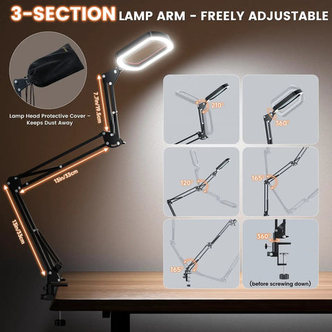 3-section adjustable arm of 10X Rectangular Lighted Magnifier With Clamp Three Arm Design And Five Color Modes