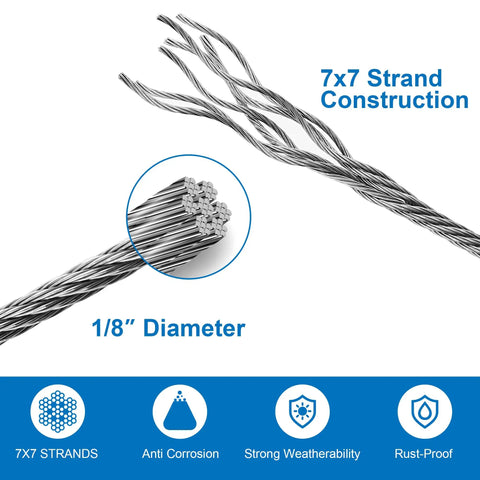 7x7 strand construction detail of 50 Feet 1 By 8 Inch T316 Stainless Steel Cable Wire Rope For Deck Railing Indoor Outdoor Balustrade DIY