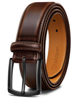 Mens Genuine Leather Belt Dress Casual Golf Jeans One And Three Eighths Inch Width Coffee Color Adjustable 42 44 Waist Durable Everyday Wear Belt For Work And Formal Outfits shown in coffee color with black buckle.