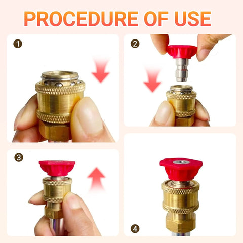 Procedure of use for 3 In 1 Power Washer Wand With Jet Nozzle For Garden Hose High Pressure Spray showing nozzle installation steps.
