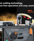 Heavy Duty Circular Bench Saw With Precision Cross Cutting Gauge And Nifty Side Extension Chop Rail For Killer Cuts And Fast Project Builds Plus Rock Solid Dust Collection showing vacuum system and fine adjustment knob.