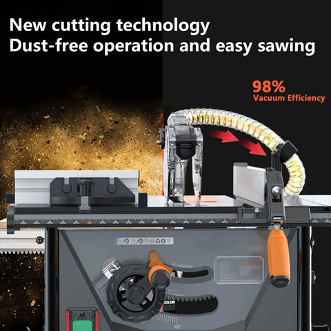 Heavy Duty Circular Bench Saw With Precision Cross Cutting Gauge And Nifty Side Extension Chop Rail For Killer Cuts And Fast Project Builds Plus Rock Solid Dust Collection showing vacuum system and fine adjustment knob.
