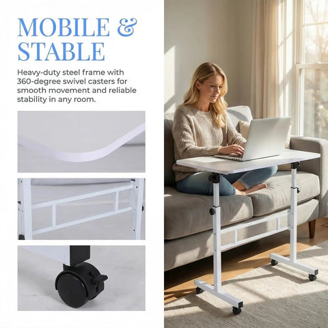 Rolling Ergonomic Standing Desk With Smooth Wheels Adjustable Height Desktop Laptop Workstation Level Up Your Remote Grind Straight Up, featuring sturdy steel frame and 360-degree swivel casters.