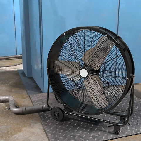 24 Inch High Velocity Industrial Floor Fan Heavy Duty Portable Air Circulator With 3 Speed Adjustable Tilt and Slick Wheels showing airflow efficiency.