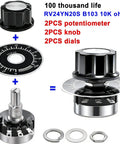 Pro Grade 10K Potentiometer Rotary Pot With Carbon Film Single Turn Taper For Inverter Speed Control And Motor Regulation RV24YN20S B103 10K Kit With 2 A03 Knobs And 2 Dials, showing components and assembly configuration.