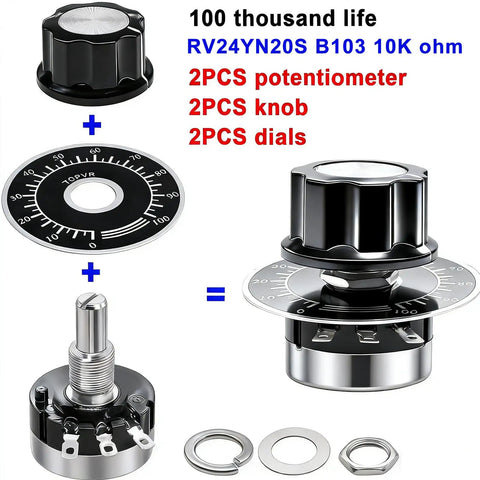 Pro Grade 10K Potentiometer Rotary Pot With Carbon Film Single Turn Taper For Inverter Speed Control And Motor Regulation RV24YN20S B103 10K Kit With 2 A03 Knobs And 2 Dials, showing components and assembly configuration.
