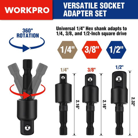Impact Grade Socket Adapter Set with case showing quarter inch, three eighths inch, half inch drives, and swivel extensions for drills.