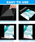 Installation steps for Crystal Clear 8.5 By 11 Inch Acrylic Sign Holder Set, 10 Pack, showing film removal, flyer insertion, and setup.