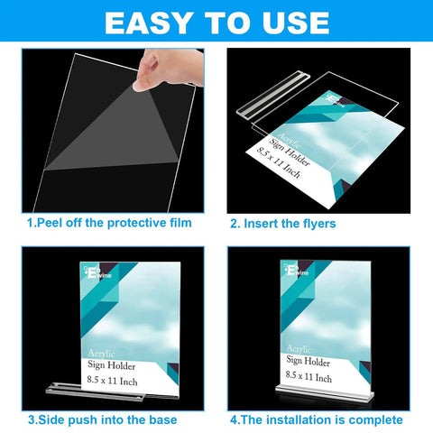 Installation steps for Crystal Clear 8.5 By 11 Inch Acrylic Sign Holder Set, 10 Pack, showing film removal, flyer insertion, and setup.