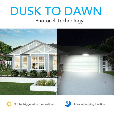 Day and night comparison of 4600 Lumen 40W LED Security Flood Light With Motion Sensor Outdoor Fixture on garage