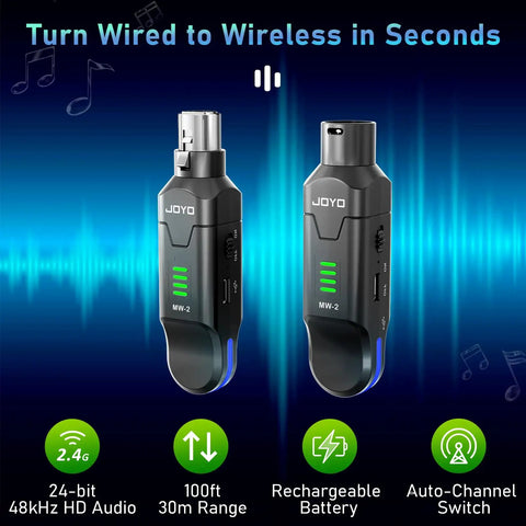 Wireless XLR Mic System For Dynamic Mics With Plug-On Transmitter And Receiver, 100ft Range, 24-Bit/48kHz Audio, MW-2