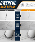 Before and after images of crack repair on wall, floor, and pipe gaps using Straight Up Solid Self Leveling Concrete Crack Filler And Sealant Four Pack Gray Repair Kit.