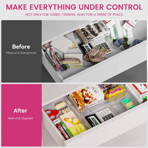 Before and after drawer organization with Big 26 Pack Drawer Organizer Bins In Clear Plastic, 5 Size Set For Utensils, Kitchen Tools.