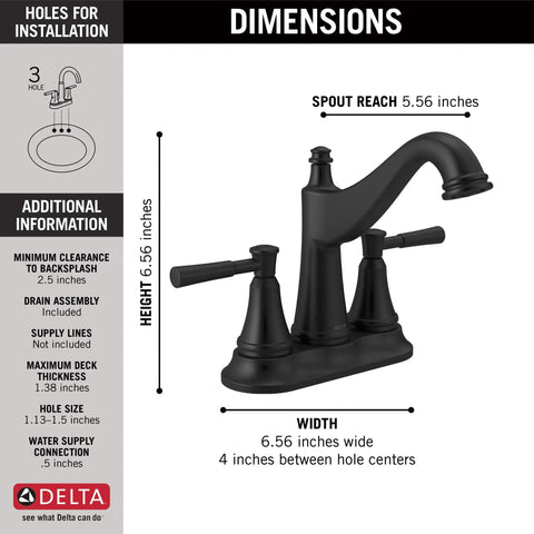 Mylan 1.2 GPM Deck Mount Centerset Bathroom Faucet With Pop Up Drain Assembly And Worry Free Drain Catch Matte Black Finish