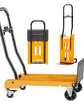 Folding Hand Truck Dolly And Platform Cart For Heavy Loads Up To 330 Lbs With Telescoping Handle And 2 Level Adjustable Height From 28.98 To 37.08 Inches, fold-flat yellow steel cart