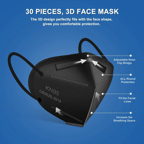 Image of Five Layer KN95 Face Masks Black Cup Style Disposable Respirator For Adults showing adjustable nose clip and fit features.