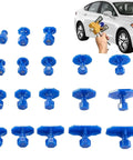 Auto Dent Repair Puller Kit with 18 Removal Tabs and Gaskets, shown with blue tabs and dent puller on white car