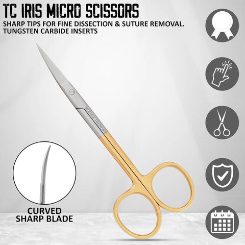 Pro Grade Micro Dissecting Scissors 4.5 Inch With Fine Point CVD Super Cut Edge Tungsten Carbide Inserts And Plasma Gold Rings