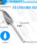 Tree-shape tungsten carbide burr SF-5 by Amazon; 1/4 shank, 1/2 cutter diameter, 1 cutter length, 2-3/4 total length