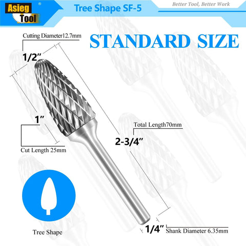 Tree-shape tungsten carbide burr SF-5 by Amazon; 1/4 shank, 1/2 cutter diameter, 1 cutter length, 2-3/4 total length