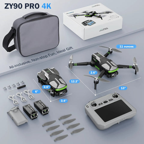4K Camera GPS Drone For Adults with 5.7 Inch FPV Touchscreen, foldable design, two batteries, and accessories on display.