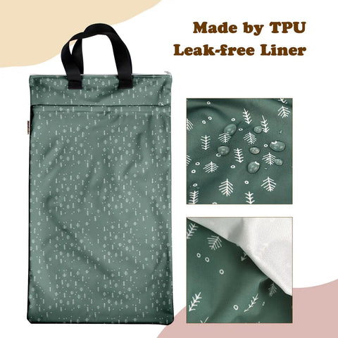 Reusable Hanging Wet Dry Bag Duo For Baby Gear And Travel Needs, Two Zippered Pockets shown with TPU liner and water droplets.