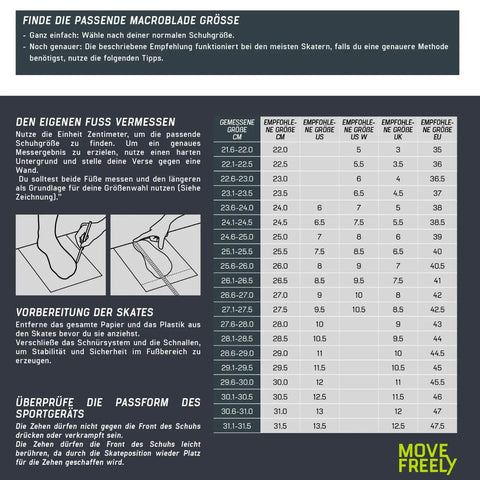 Size chart and foot measurement guide for Macroblade 90 Fitness Inline Skates for adults in German with illustrations and text.