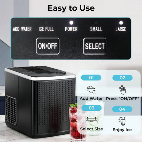 Controls of a countertop bullet ice maker chilling out in 6 minutes with 27 lbs daily yield, showing power and size selection.