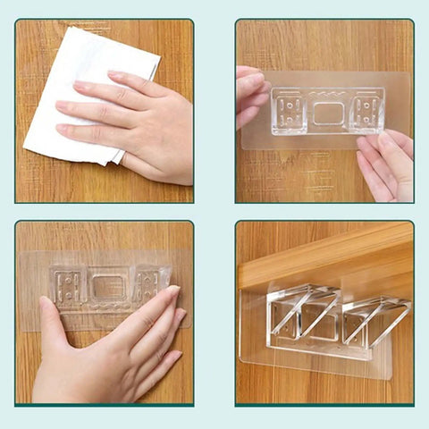 Four-step process installing Heavy Duty Shelf Pegs With Self Adhesive Brackets For Kitchen Cabinets No Drill Install Shelf Clips