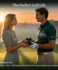 Man and woman exchanging a gift at sunset on a golf course.